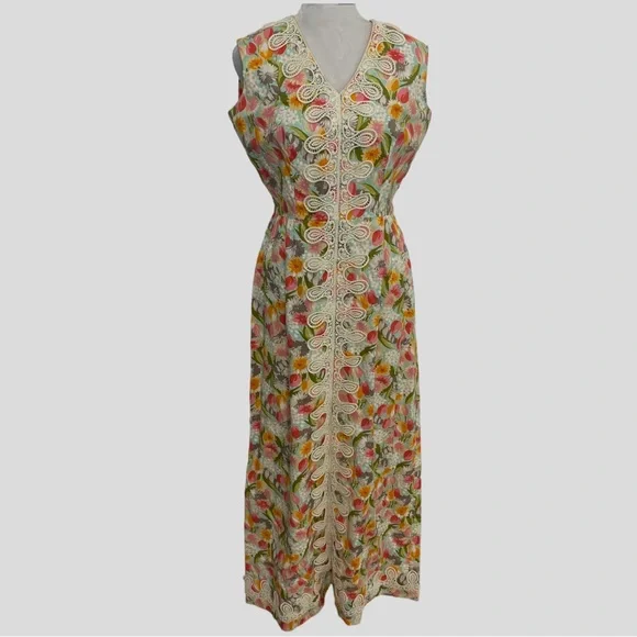 Vintage 60s Multicolor Floral Appliqué Maxi Dress Small - Picture 7 of 7